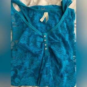 Set of 2 “Color Story” tanks! one teal/blue sheer lace w roses & one blue ribbed